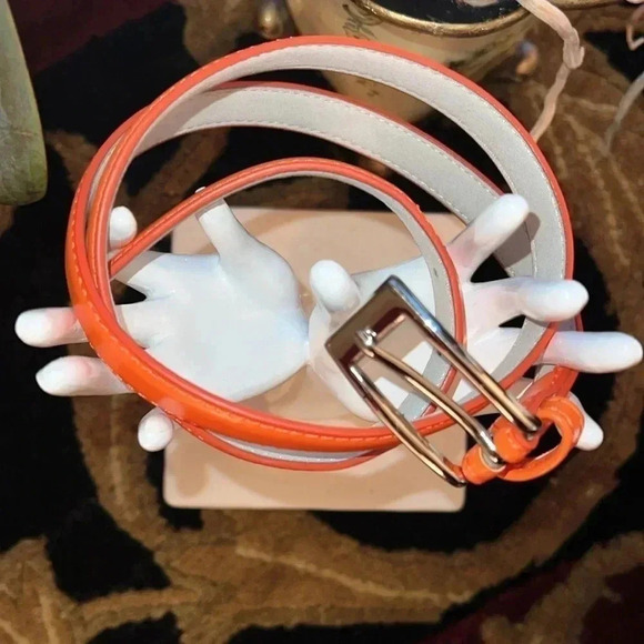 Women's Skinny Bright Orange Dress Belt Silver Tone Rectangle Buckle Small - Picture 4 of 14